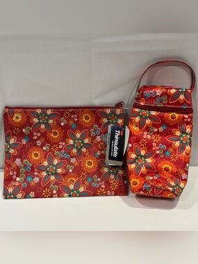 NWT Kalencom New Orleans Red Floral Insulated Bottle Holder Bag Zipper Pouch Set